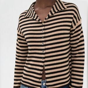 Alex Mill Black and Tan Striped Taylor rolled neck Cardigan cashmere cotton M